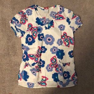 S white cross, white & floral scrub top